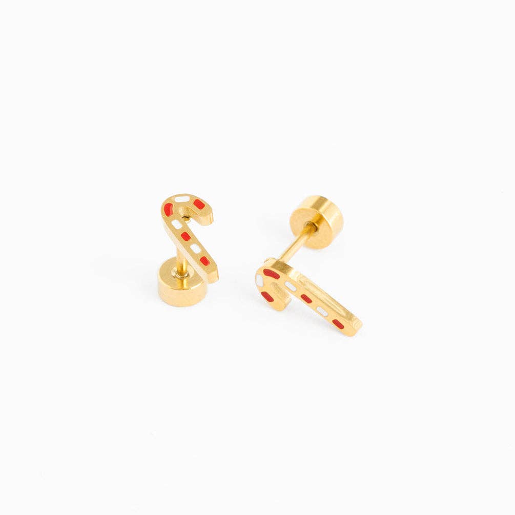 Candy Cane Stud Earrings - Hypoallergenic, Flat Back, Girl : Pair
