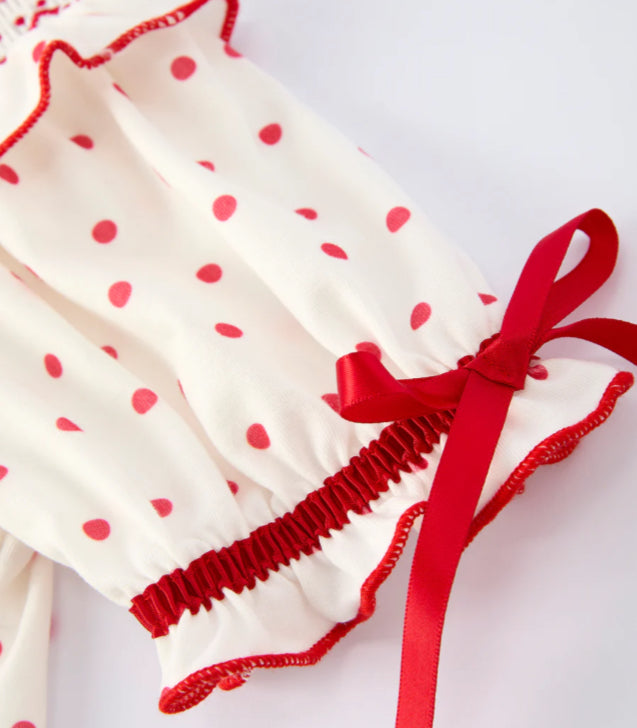 Valentine’s Day Polka Dot Girls Romper with Smocking Embroidery