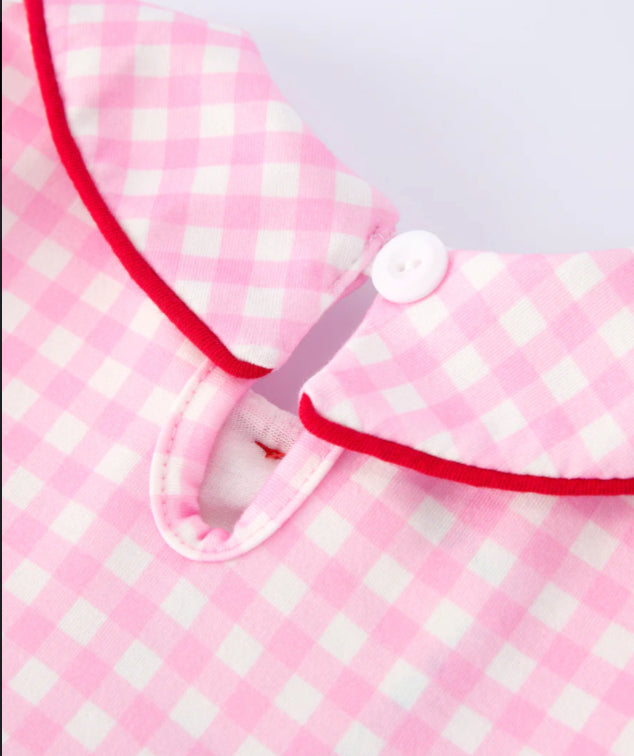 Girls’ Valentine’s Day Heart Embroidered Plaid Baby Romper