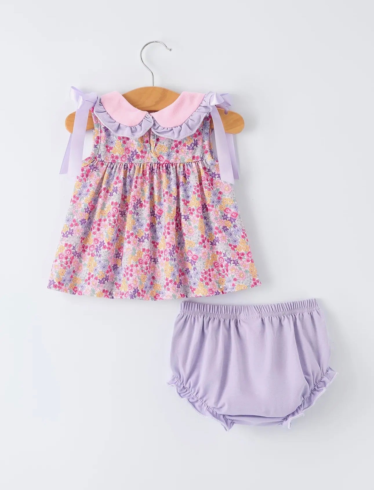 Spring purple floral ruffle bloomer set