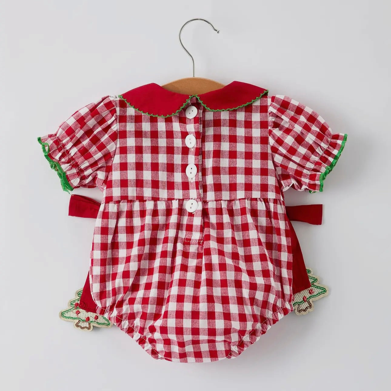 Baby Christmas red plaid romper tree bow accents