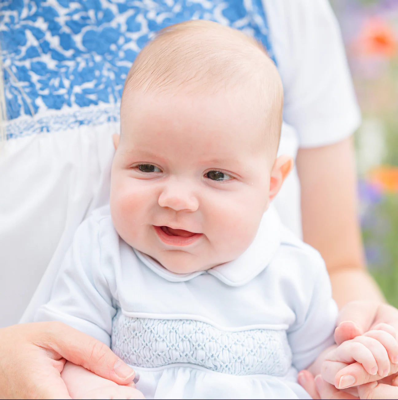 Ruth and Ralph layette blue smocked bubble
