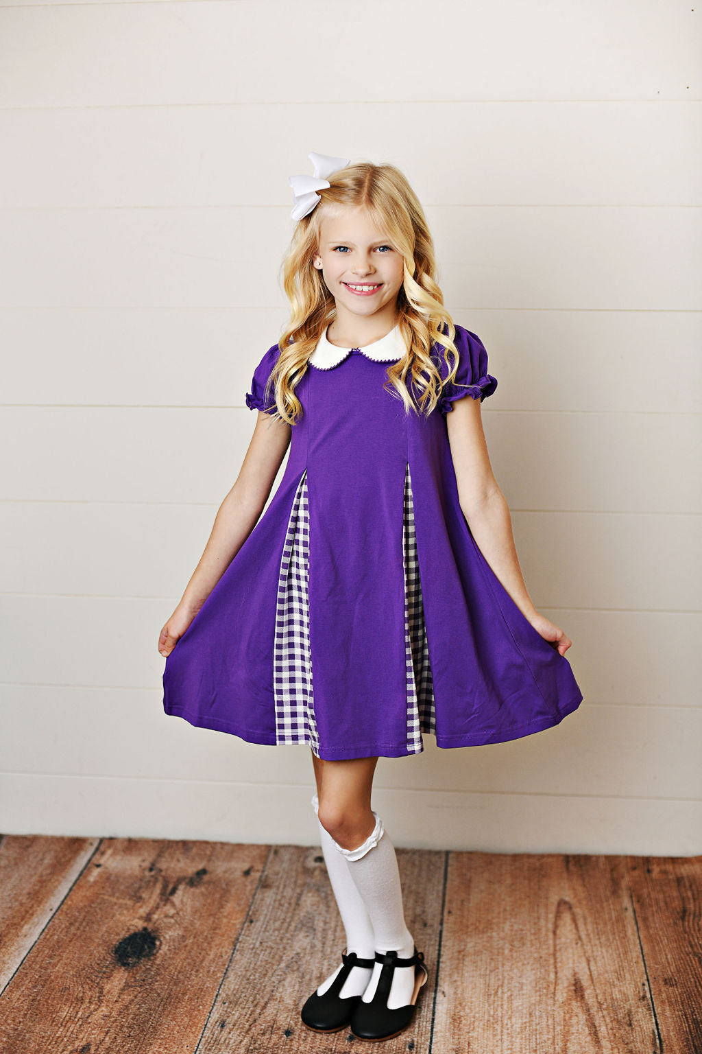 Purple gingham pleat dress