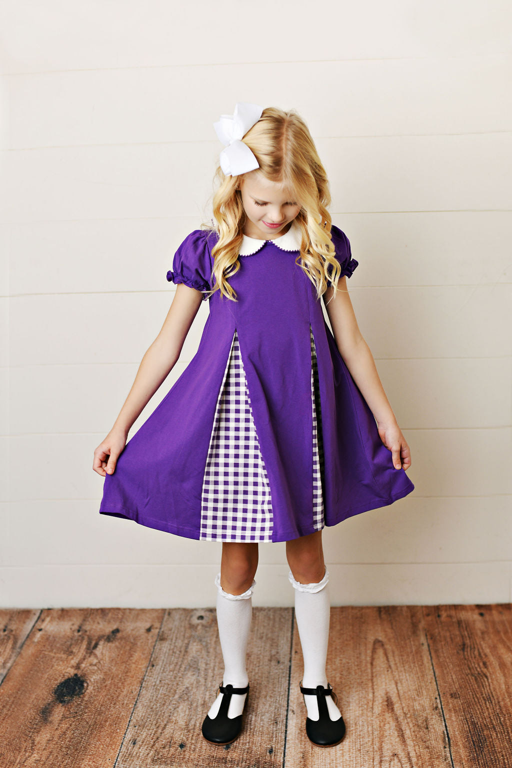 Purple gingham pleat dress