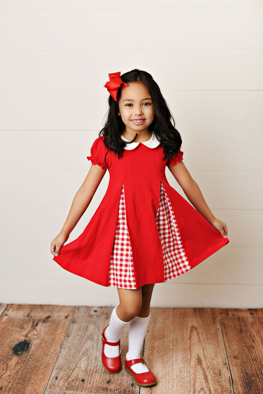 Red gingham pleat dress