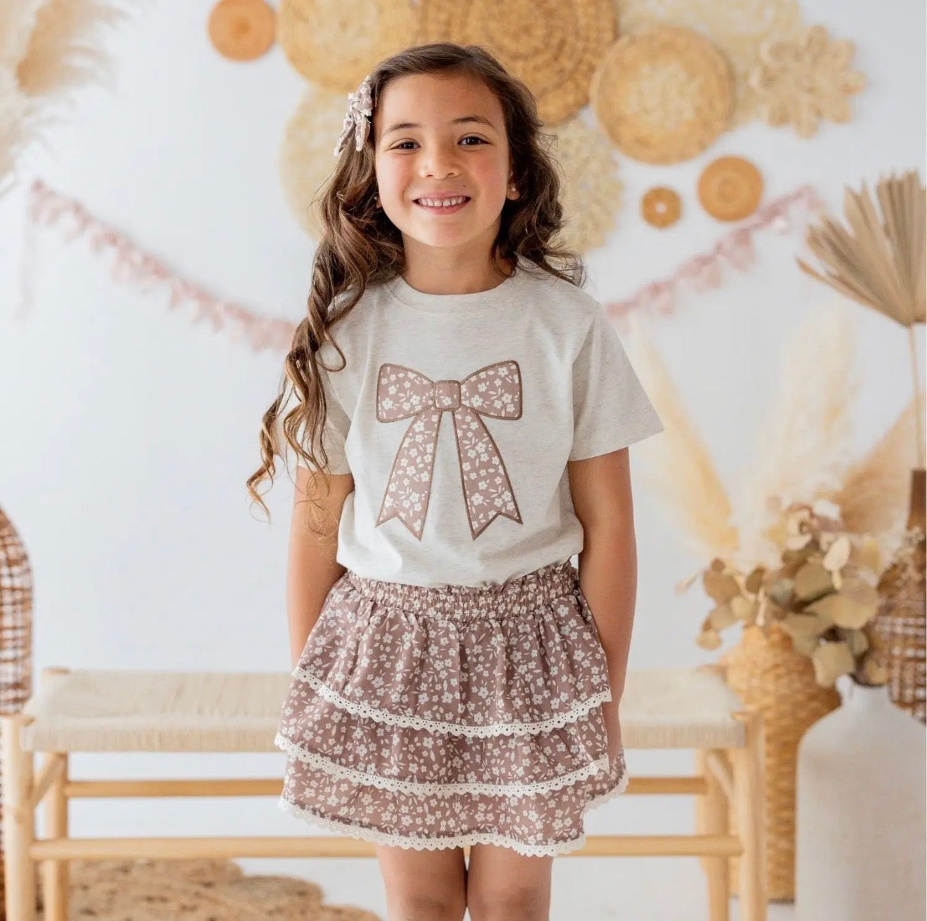 Mocha floral bow patch tee