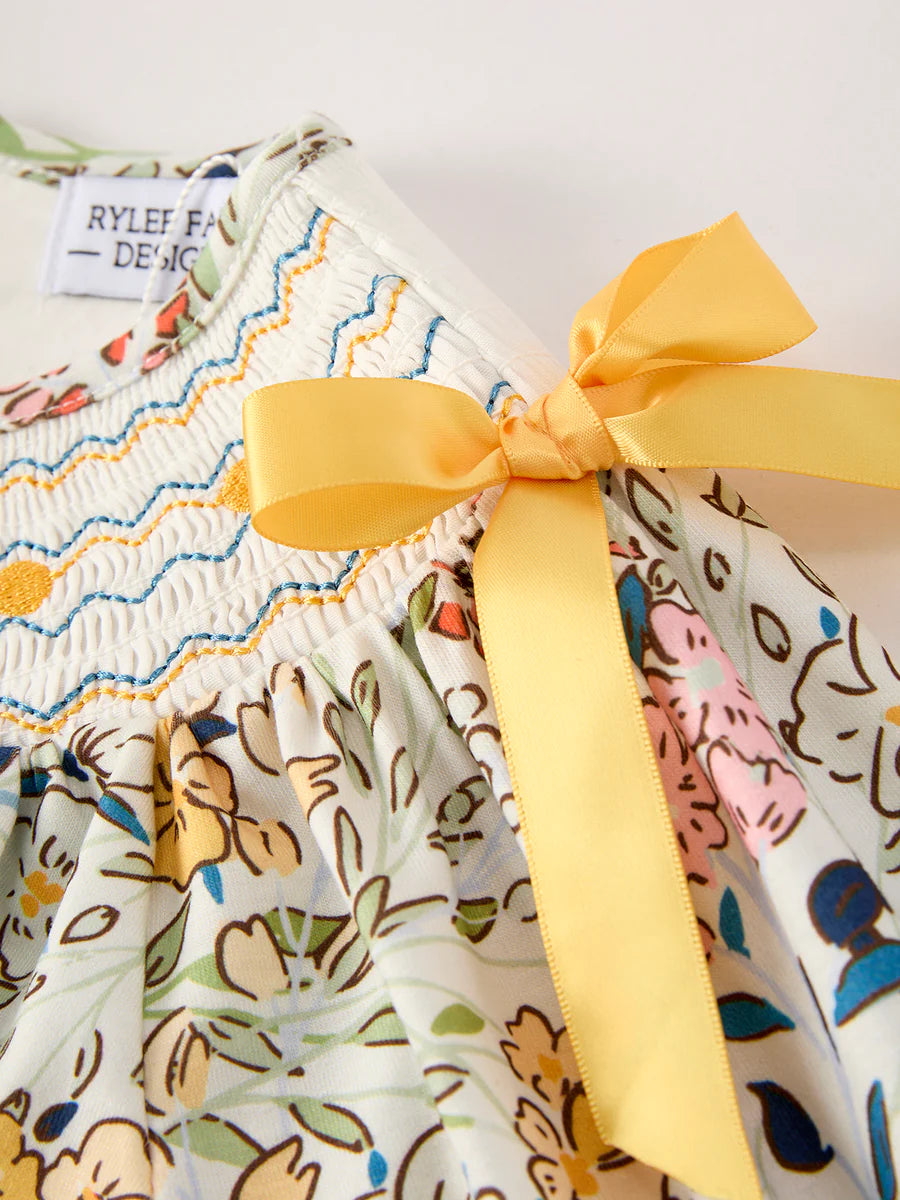 Fall Embroidery Smocking Bow Floral Leaf Dress