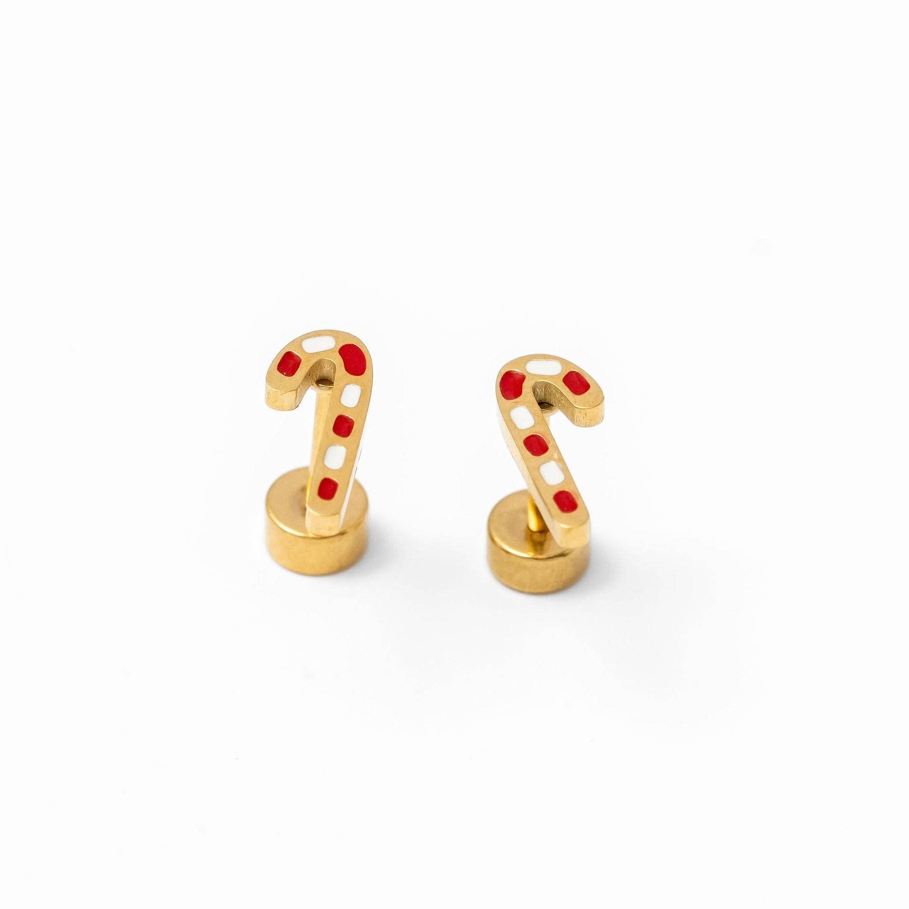 Candy Cane Stud Earrings - Hypoallergenic, Flat Back, Girl : Pair