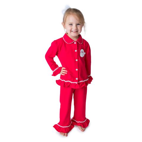 Santa appliqué girls red Christmas button down pajamas