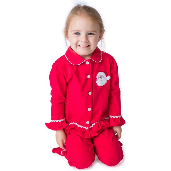 Santa appliqué girls red Christmas button down pajamas